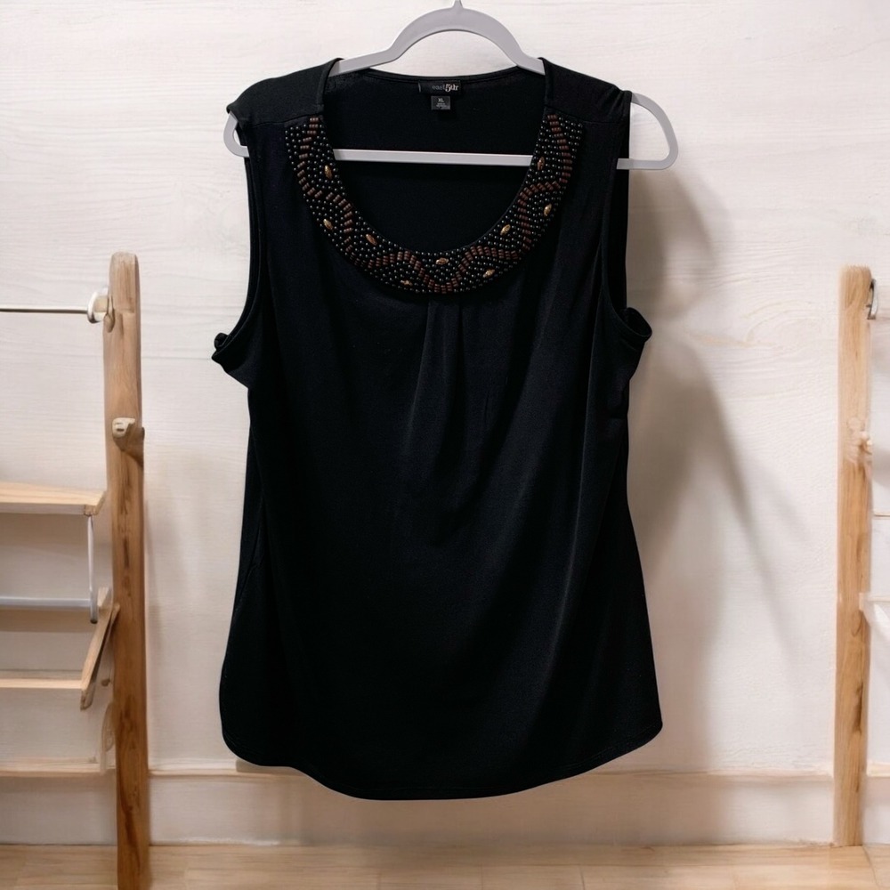 East 5th Beaded Neck Tank Top Sleeveless Blouse Casual Black XL